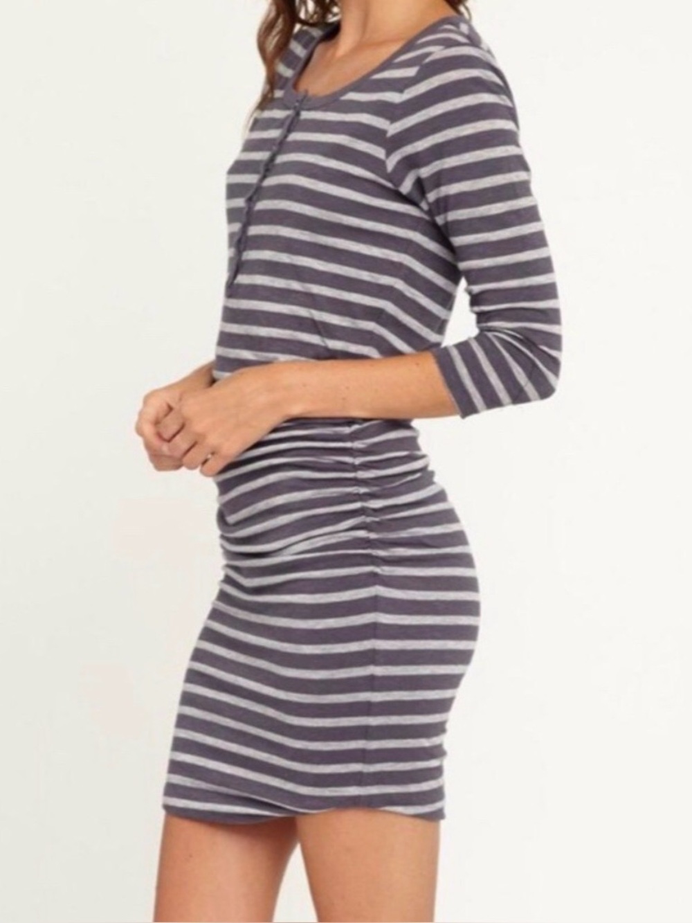 Anthropologie Sundry Striped Henley Ruched Buttoned 3/4 Sleeve Grey Mini Dress 2